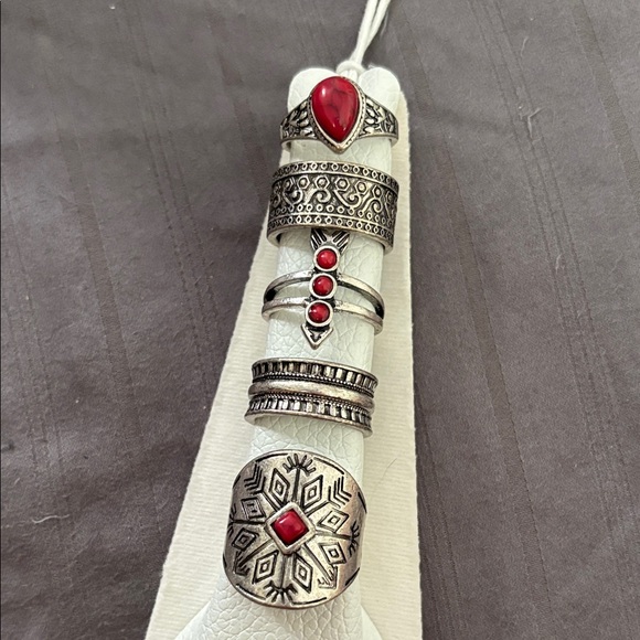 Free People Jewelry - Free People Silver and Red Bohemian Ring Set